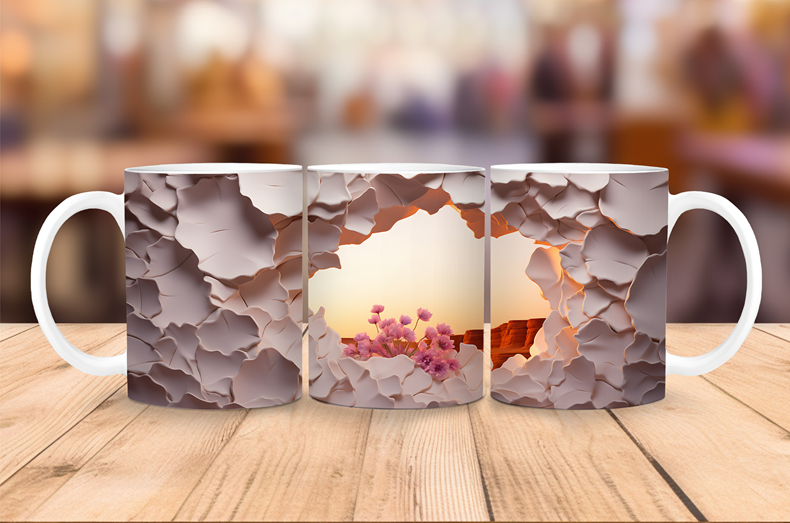 Ceramic coffee mug featuring a 3D stone canyon illusion with pink flowers and a glowing sunset.