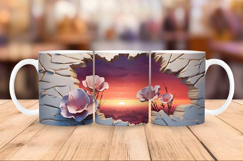 Ceramic coffee mug featuring a 3D canyon illusion with a glowing sunset and soft floral blooms.