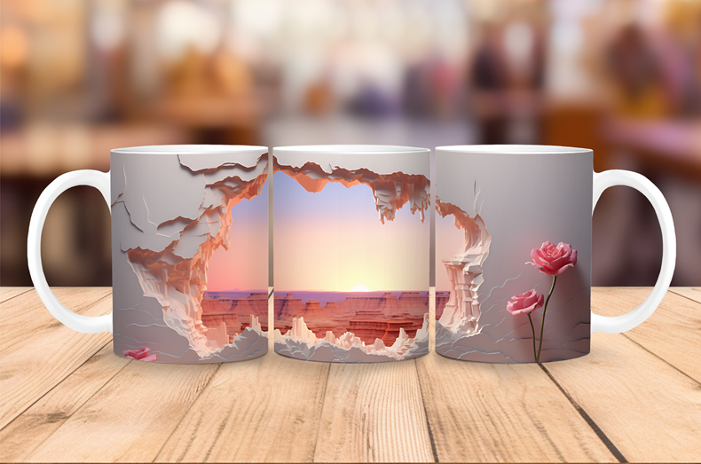 Three mugs with artistic designs of a sunset and flowers on a wooden surface.
