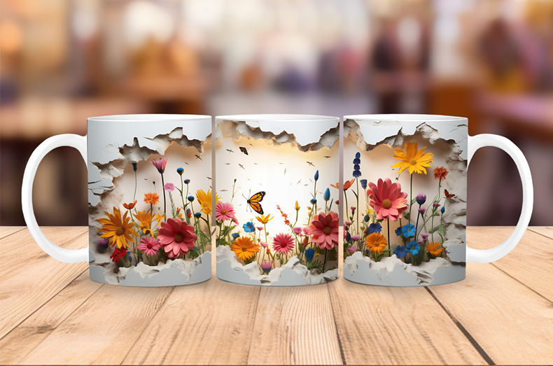 Ceramic coffee mug featuring a 3D wildflower meadow with colorful flowers and a butterfly.