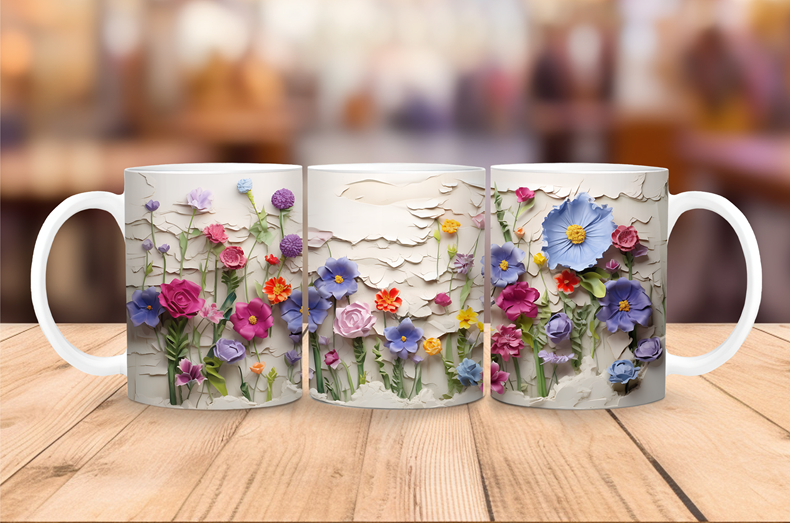 Ceramic coffee mug featuring a 3D wildflower floral design with layered blooms in soft pastel and vibrant colors.