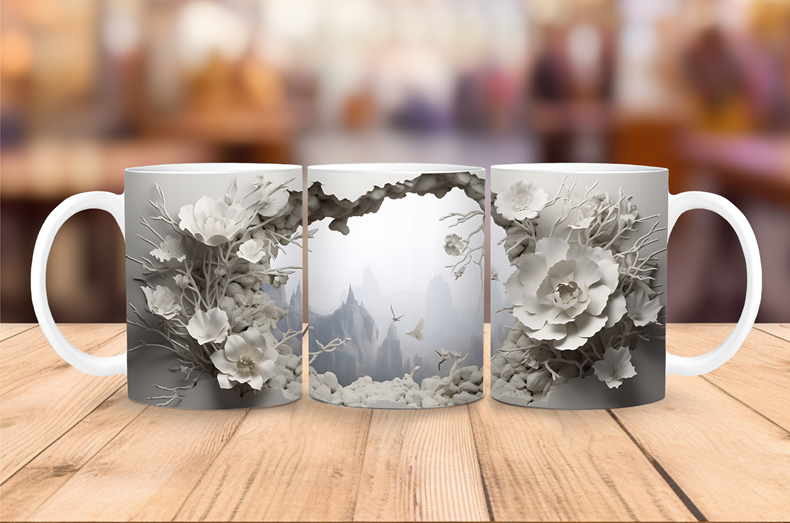 Ceramic coffee mug featuring a 3D misty forest scene framed by sculpted white flowers and delicate branches.