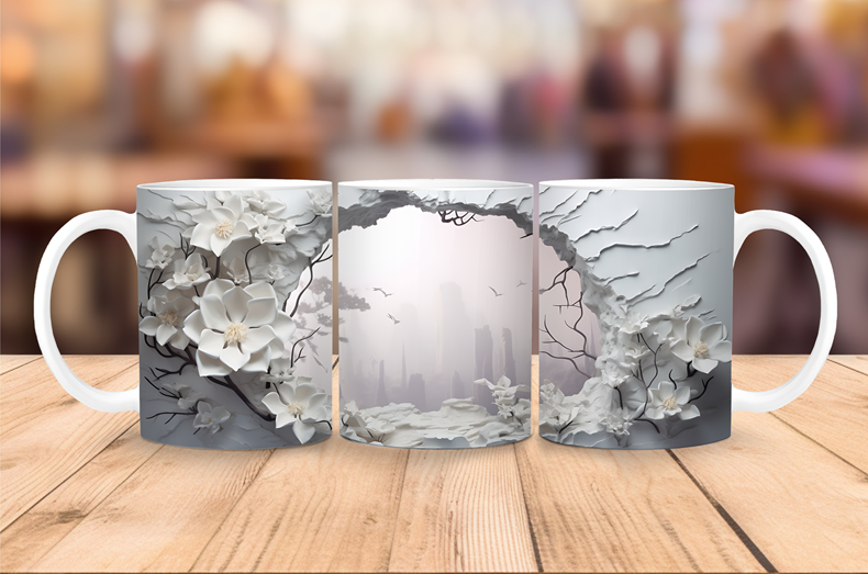 Ceramic coffee mug featuring a 3D misty forest scene framed by white flowers and delicate branches.