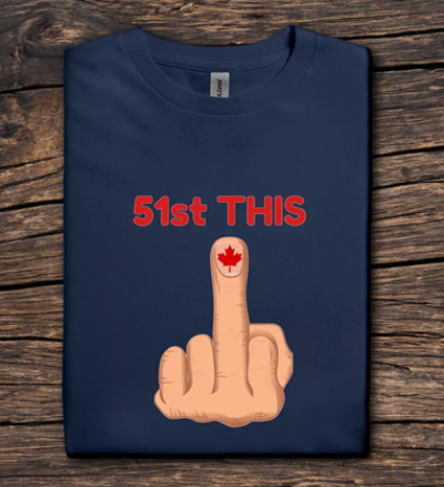 Navy blue t-shirt with a graphic of a middle finger with a red maple leaf and '51st THIS' text on a wooden surface.