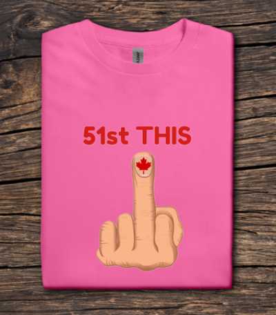 Pink t-shirt with middle finger graphic and '51st THIS' text on a wooden surface