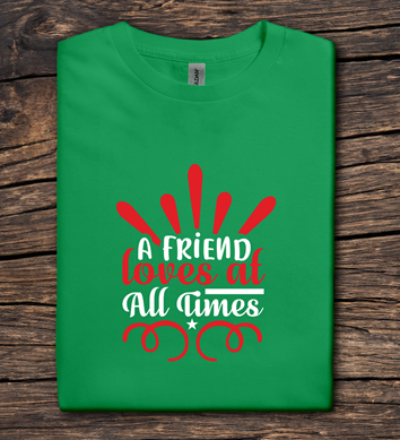 Green t-shirt with text design on a wooden surface