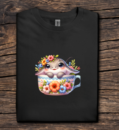 Black t-shirt with a cute animal design in a cup on a wooden surface