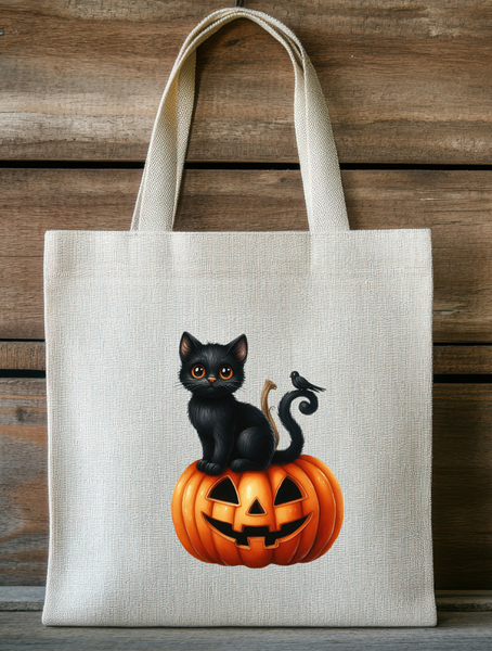Canvas tote bag featuring a cute black cat sitting on a smiling jack-o’-lantern pumpkin.
