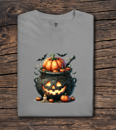 Gray t-shirt with Halloween-themed design featuring pumpkins and a jack-o'-lantern on a wooden surface.