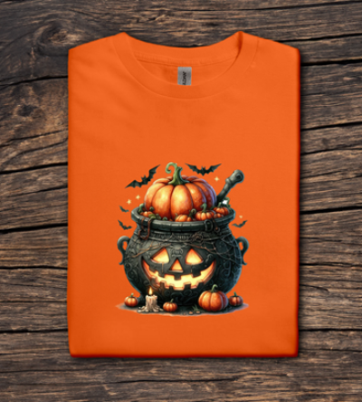 Orange t-shirt with Halloween design featuring pumpkins and a cauldron on a wooden surface