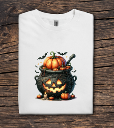 White t-shirt with Halloween-themed design featuring pumpkins and a cauldron on a wooden surface.