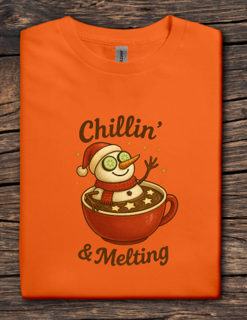Orange t-shirt featuring a snowman relaxing in a mug of hot cocoa with the text “Chillin’ & Melting”.