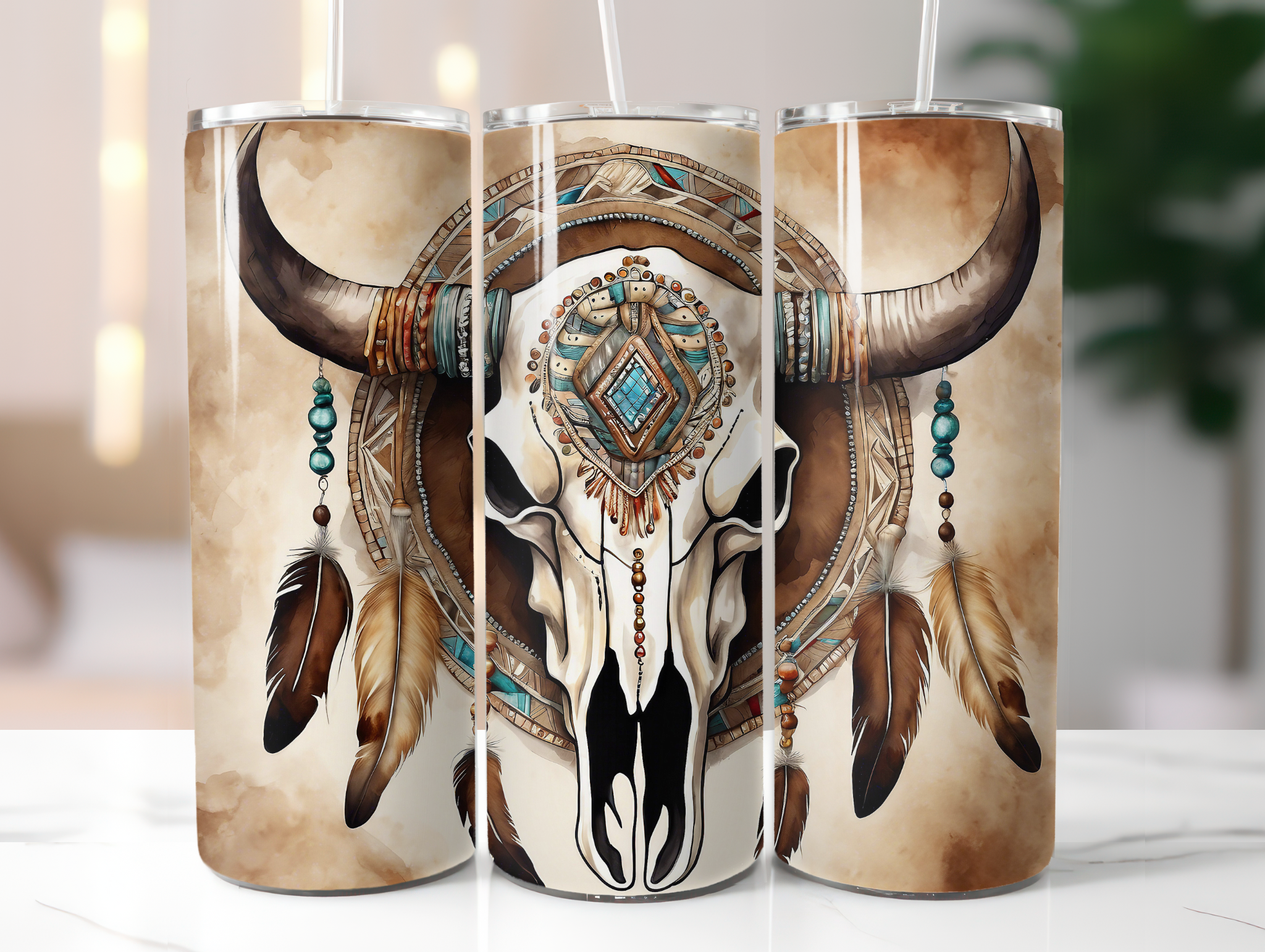 Tumbler with decorative bull skull design featuring feathers and beads on a neutral background.