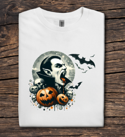 White t-shirt with Halloween-themed design featuring pumpkins and skulls on a wooden surface