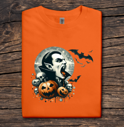 Orange t-shirt with Halloween-themed design featuring a face, pumpkins, and bats on a wooden surface.