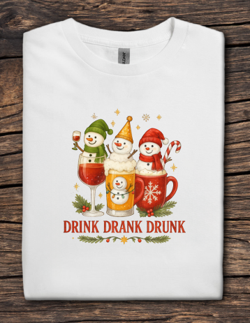 White Christmas t-shirt with three snowmen holding festive drinks and the phrase Drink Drank Drunk.