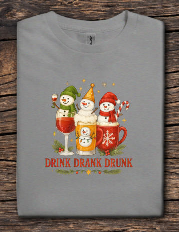 Gray Christmas t-shirt with three snowmen holding festive drinks and the phrase Drink Drank Drunk.