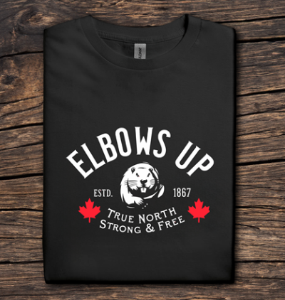 Black sweatshirt with white and red graphics on a wooden surface