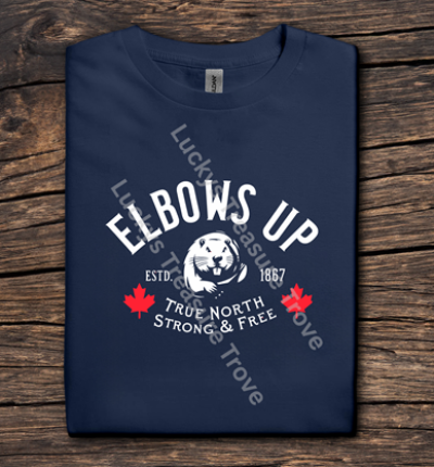 Navy blue t-shirt with 'Elbows Up' graphic on a wooden surface