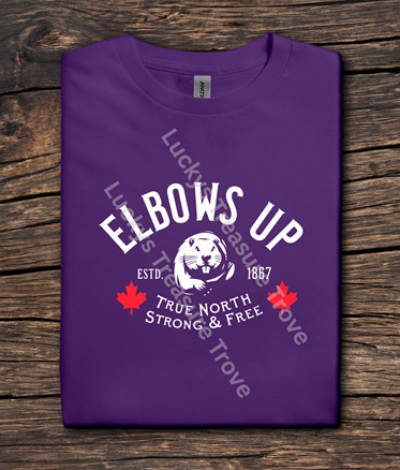 Purple t-shirt with 'Elbows Up' design on a wooden surface