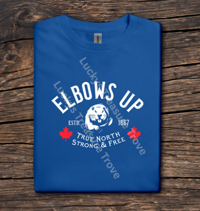 Blue t-shirt with 'Elbows Up' graphic design on a wooden surface