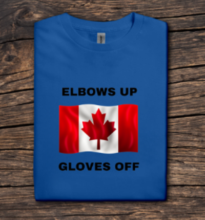 Blue t-shirt with a Canadian flag and text on a wooden surface