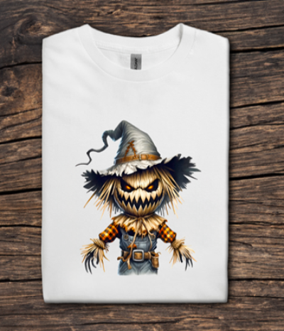 White t-shirt with a scarecrow design on a wooden surface