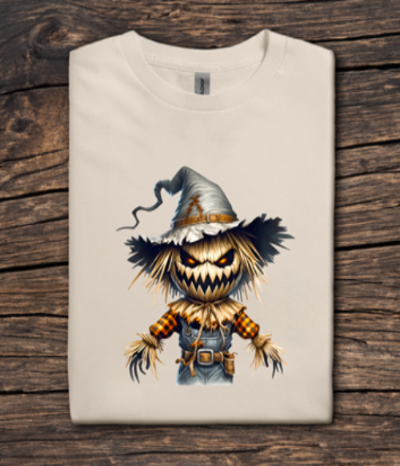 T-shirt with a scarecrow design on a wooden surface