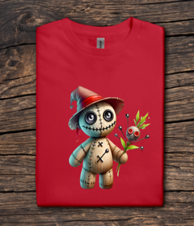 Red t-shirt with a cartoon character holding a flower on a wooden surface