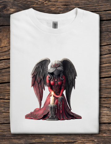White t-shirt with a dark angel design on a wooden surface