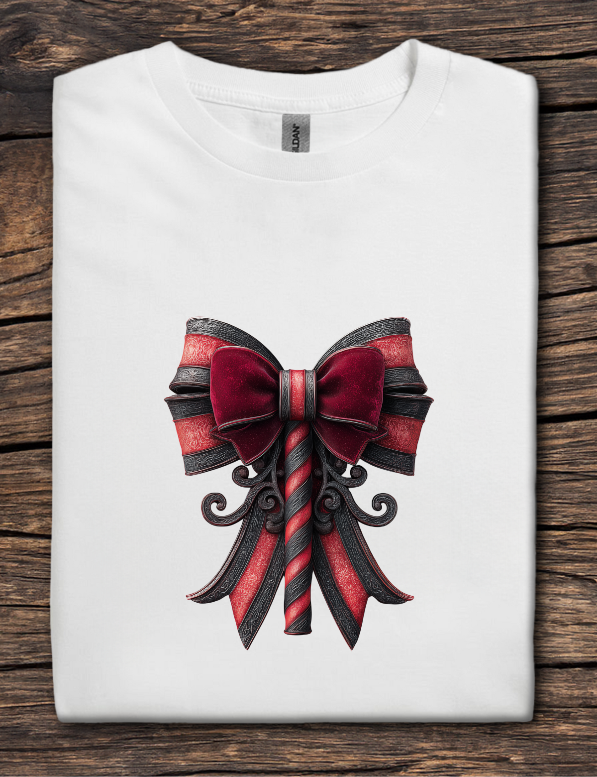 White t-shirt with a red and black bow design on a wooden surface
