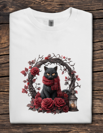 White t-shirt with a black cat wearing a red scarf surrounded by roses on a wooden surface