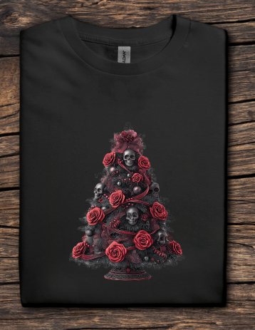 Black t-shirt with a design of skulls and red roses on a wooden surface