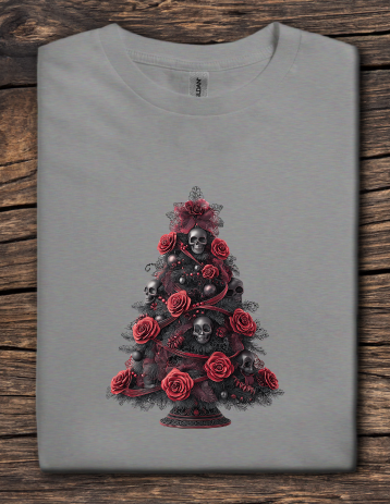 Gray t-shirt with a black Christmas tree design featuring skulls and red roses on a wooden surface.