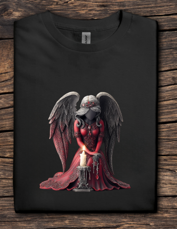Black t-shirt with a gothic angel design on a wooden surface
