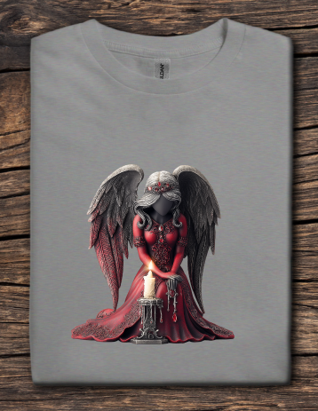 Gray t-shirt with a gothic angel design on a wooden surface