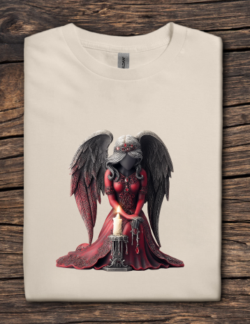 T-shirt with a dark angel design on a wooden surface