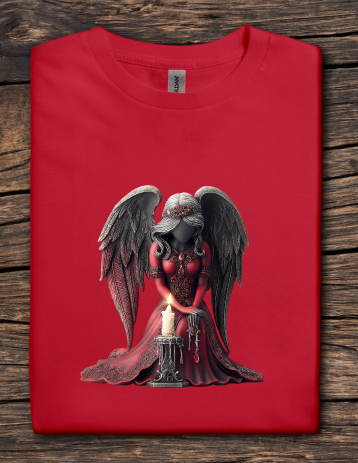 Red t-shirt with a dark angel design on a wooden surface