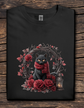Black t-shirt with a cat wearing a red scarf surrounded by roses and a lantern on a wooden surface