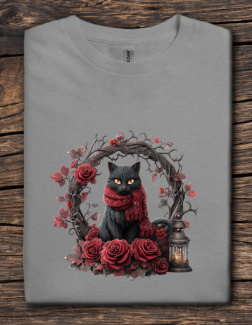 Gray t-shirt with a black cat wearing a red scarf and surrounded by red roses on a wooden surface