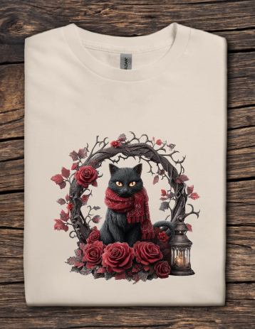 Folded t-shirt with a black cat wearing a red scarf surrounded by roses on a wooden surface