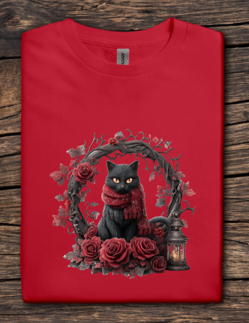 Red t-shirt with a black cat wearing a red scarf and floral design on a wooden surface