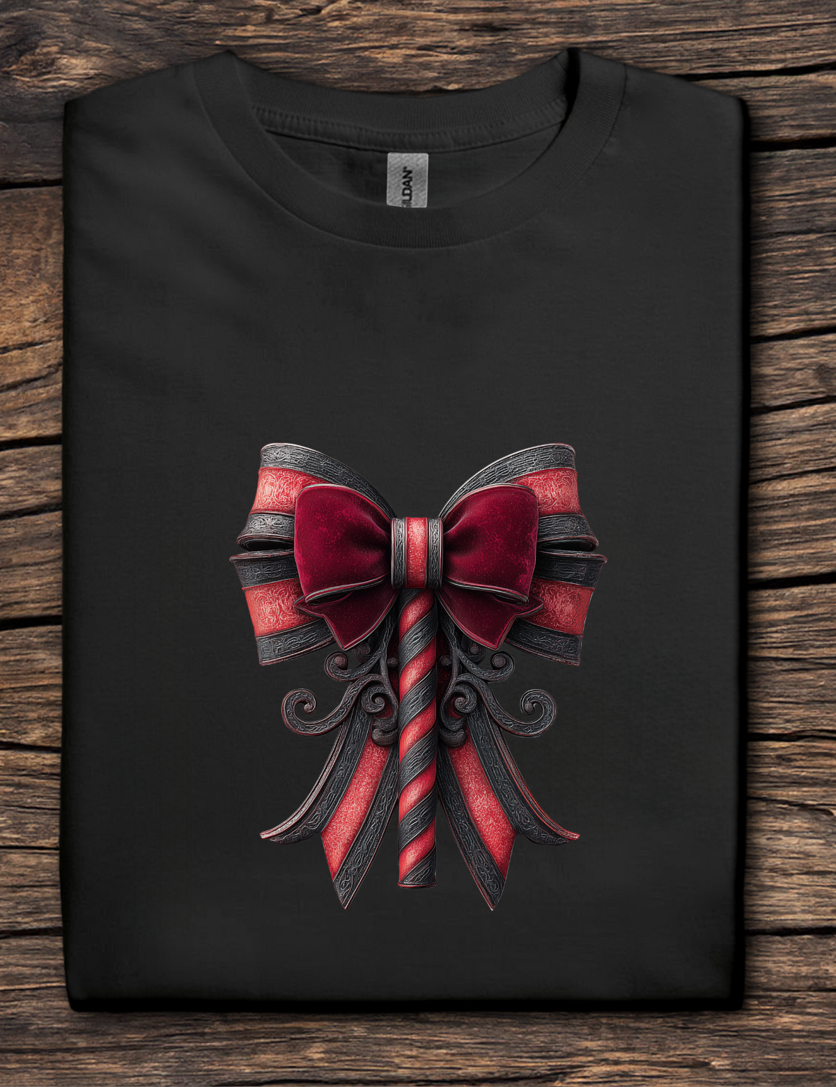 Black t-shirt with a red and gray bow design on a wooden surface