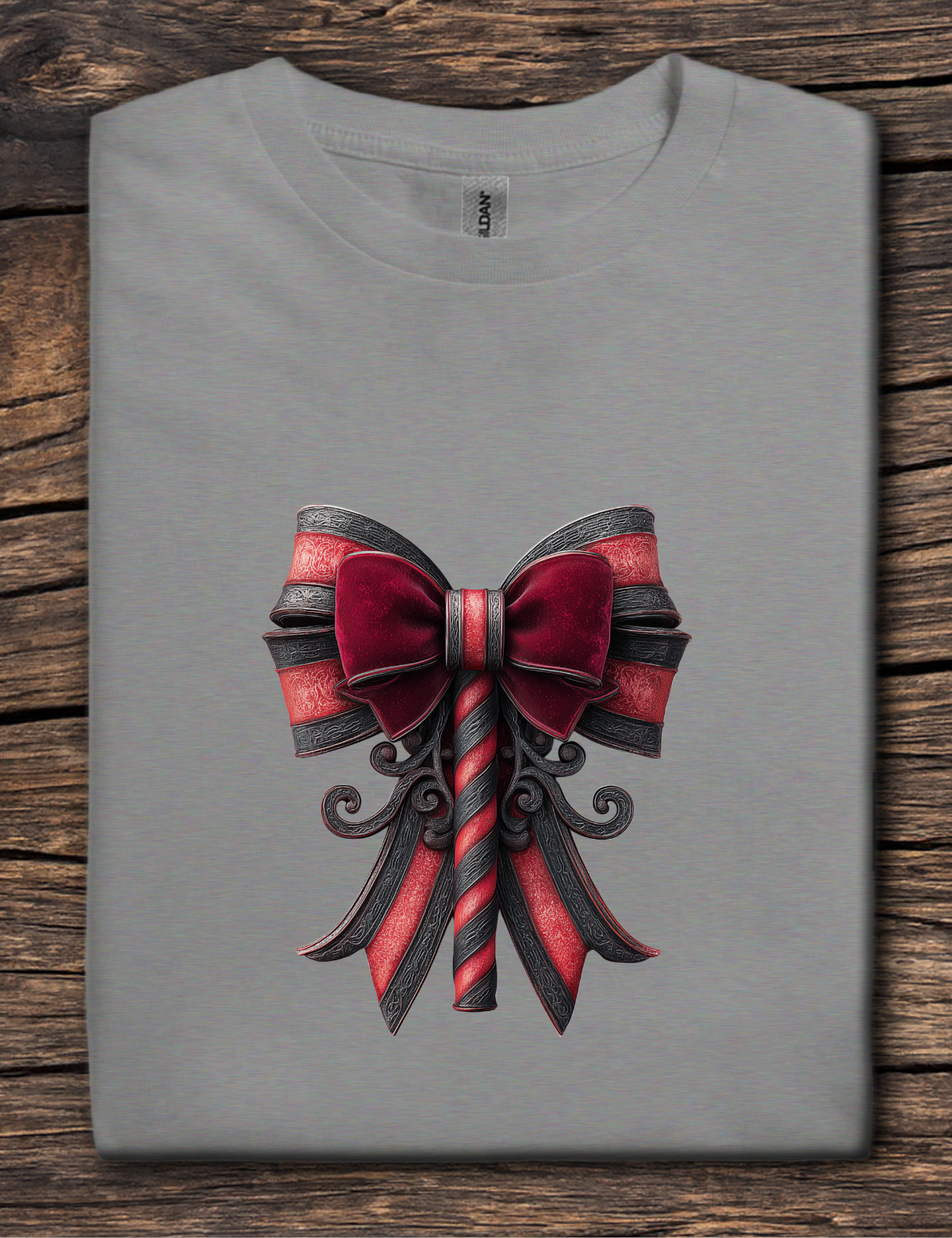 Gray t-shirt with a red and black bow design on a wooden surface