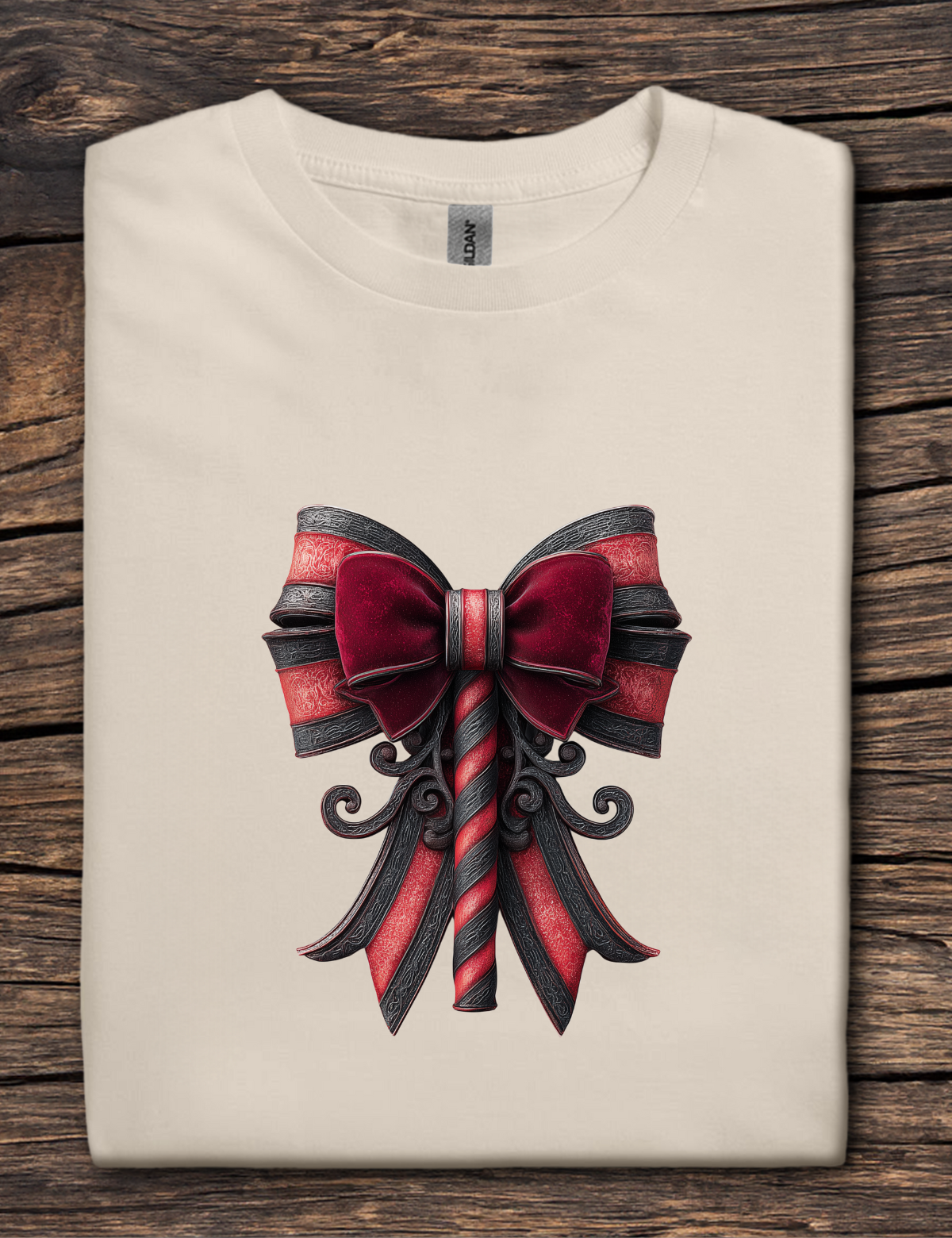 Beige t-shirt with a large red and black bow design on a wooden surface