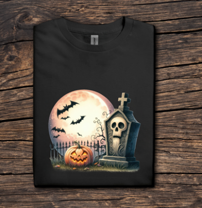 Black t-shirt with Halloween design featuring a pumpkin, tombstone, and moon on a wooden surface