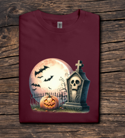 Maroon t-shirt with Halloween design featuring a pumpkin, tombstone, and full moon on a wooden surface.