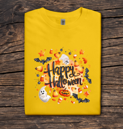 Yellow t-shirt with Halloween-themed design on a wooden surface