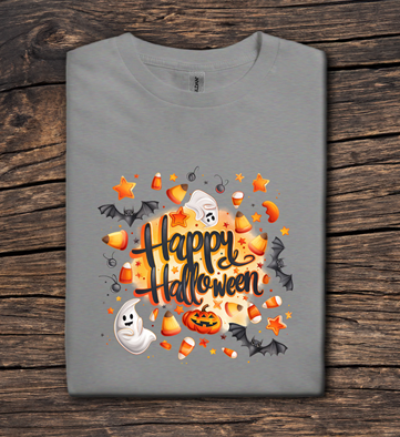 Gray t-shirt with Halloween-themed design on a wooden surface