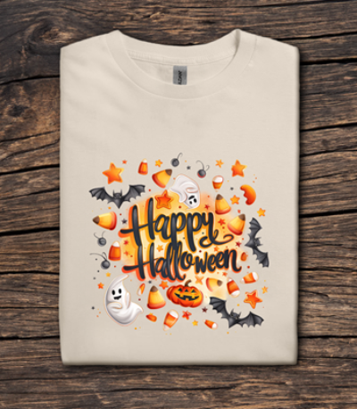 Beige t-shirt with 'Happy Halloween' design on a wooden surface